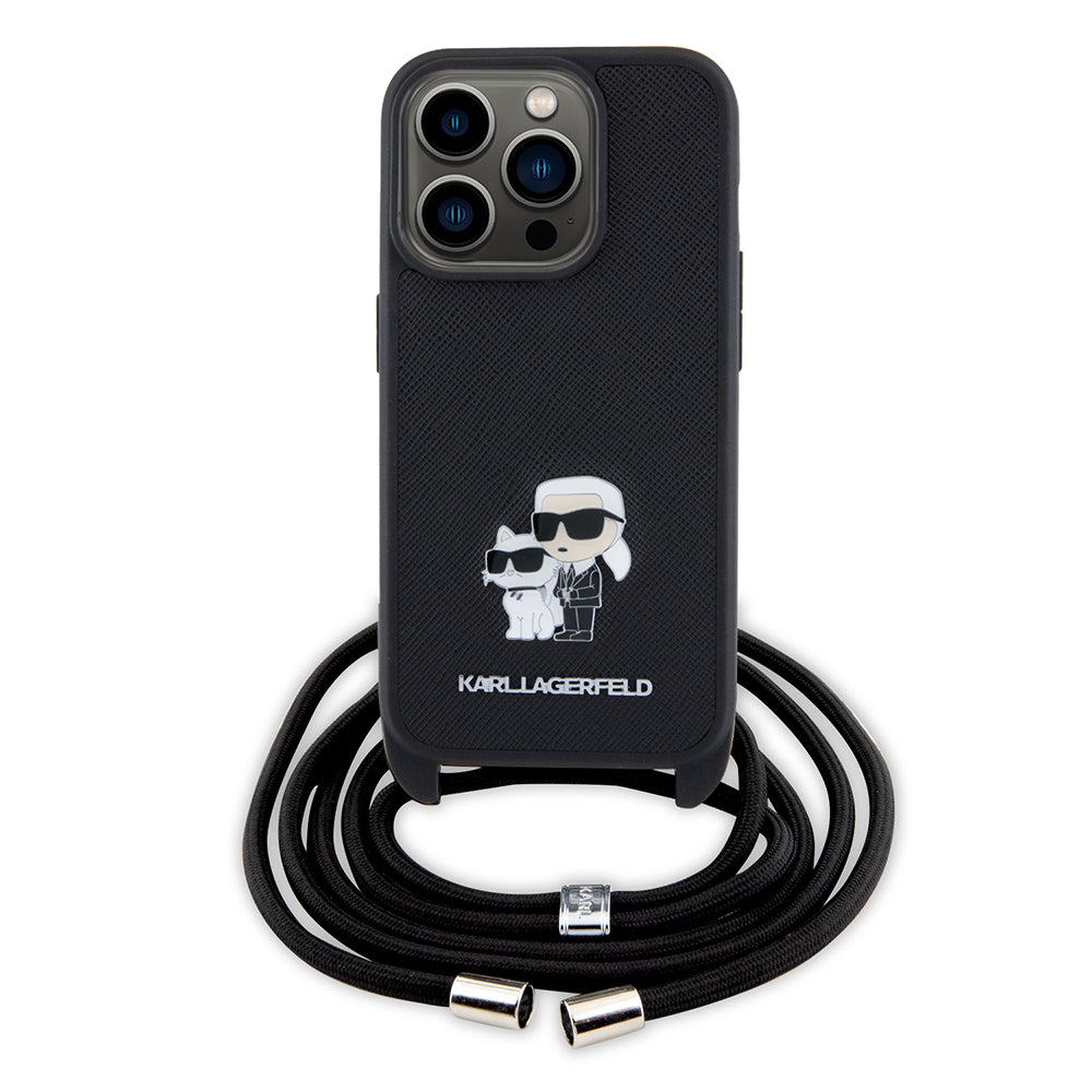 Case for Apple iPhone 15 Pro, Karl Lagerfeld, Saffiano Crossbody Metal Pin Karl & Choupette, Black