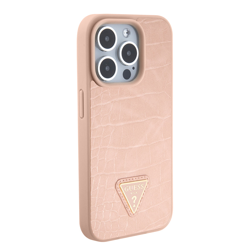 Case for Apple iPhone 15 Pro Max, Guess, Croco Triangle Metal Logo, Pink