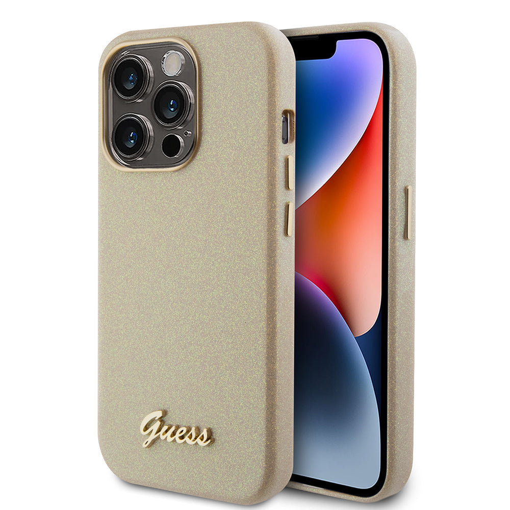 Case for Apple iPhone 15 Pro Max, Guess, Glitter Glossy Script, Beige