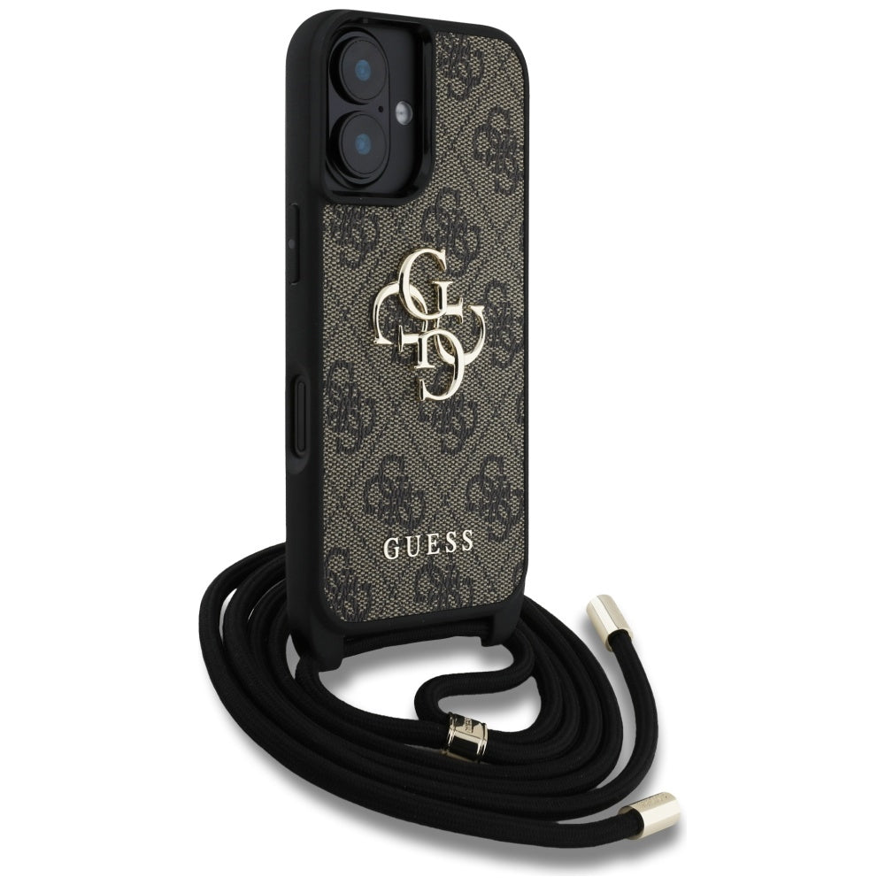 Case for Apple iPhone 16, Guess, 4G CBDY Big Logo with Cord Strap, Brown