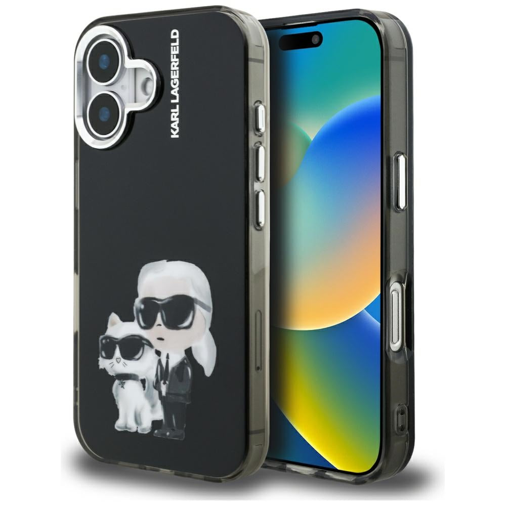 Case for Apple iPhone 16, Karl Lagerfeld, IML Aquarelle Logo Karl & Choupette, Black