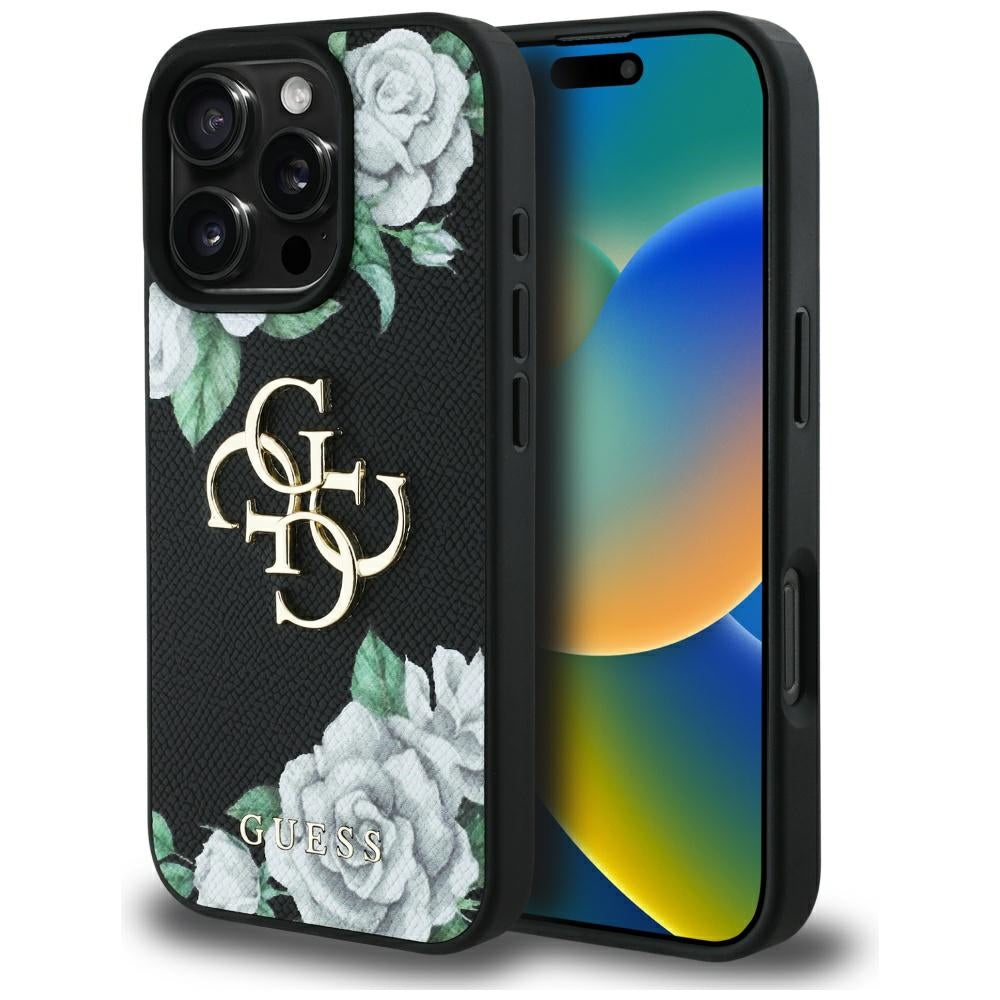 Case for Apple iPhone 16 Pro, Guess, 4G Grained Roses Big Logo, Black