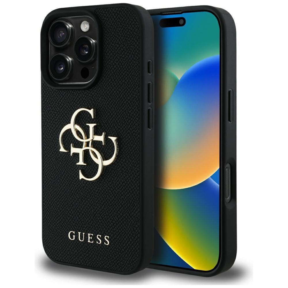 Case for Apple iPhone 16 Pro, Guess, Grained Big 4G Logo Small Classic Logo, Black
