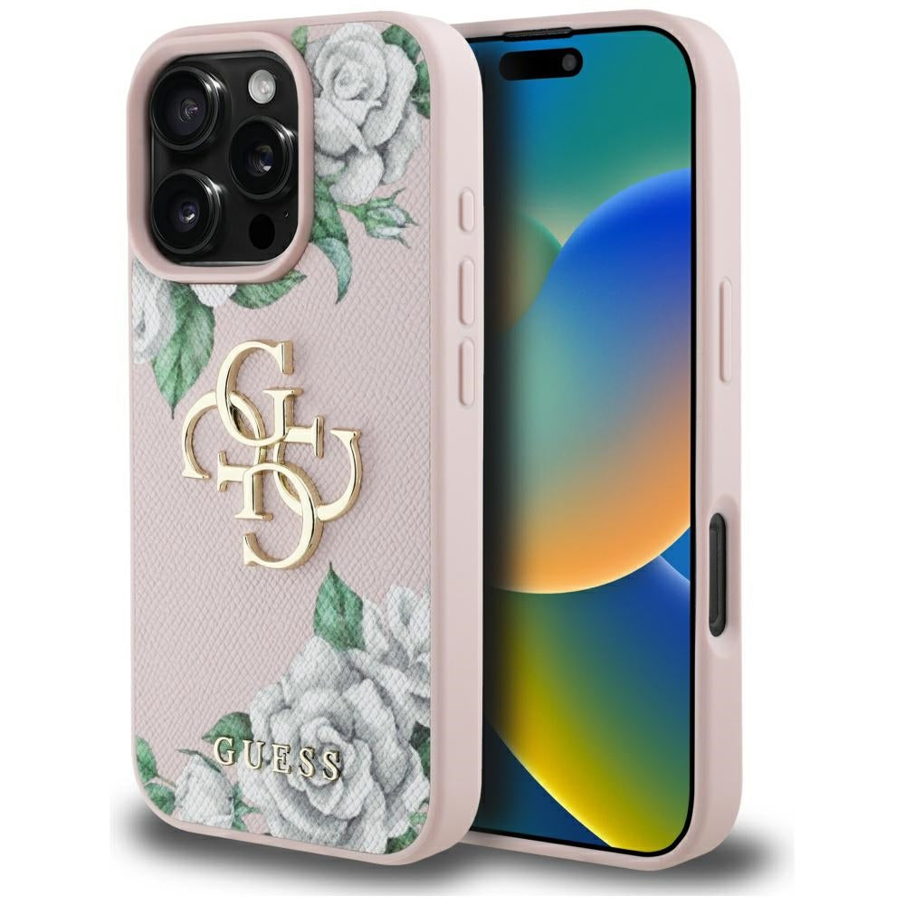 Case for Apple iPhone 16 Pro Max, Guess, 4G Grained Roses Big Logo, Pink