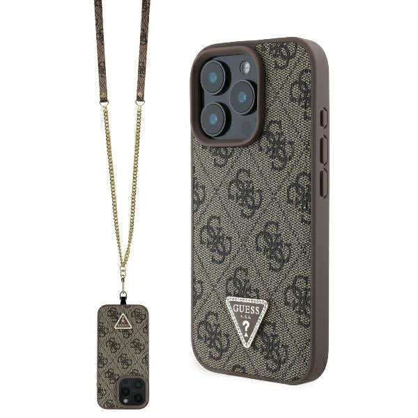 Case for Apple iPhone 16 Pro Max, Guess, Crossbody 4G Triangle Strass, Brown