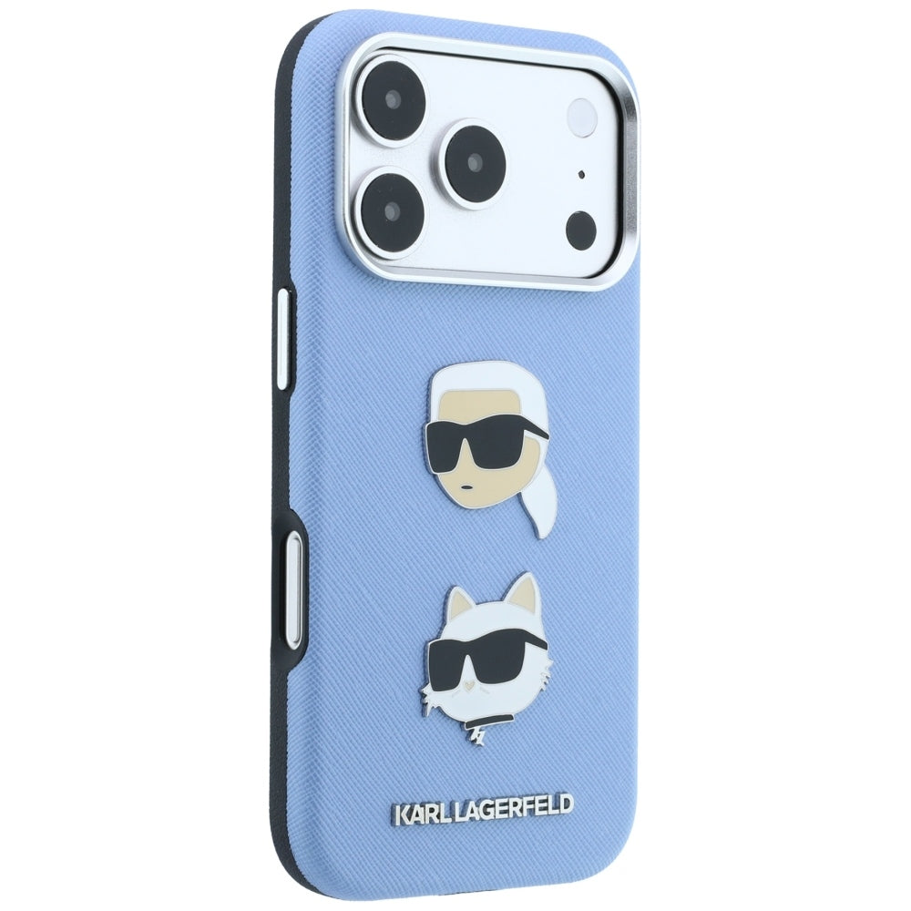 Case for Apple iPhone 18 Pro Max / 17 Pro Max, Karl Lagerfeld, Saffiano with Karl & Choupette Head's Pin and Logo, Blue