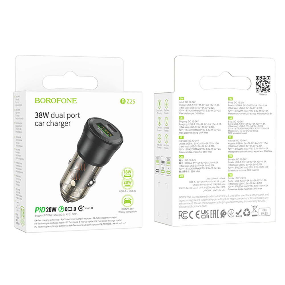 Borofone BZ25 Journey Car Charger, 38W, 3A, 1 x USB-A - 1 x USB-C, Black