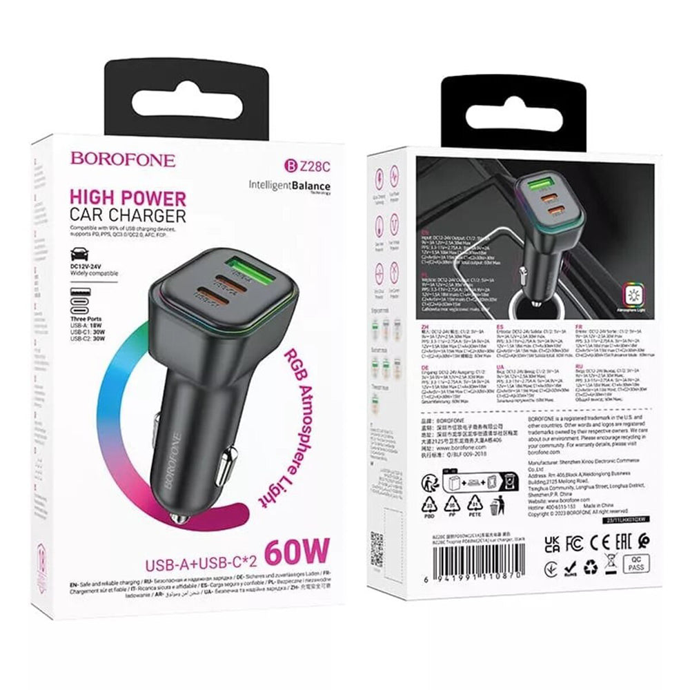 Borofone BZ28C Trophie Car Charger, 60W, 3A, 1 x USB-A, 2 x USB-C, Black