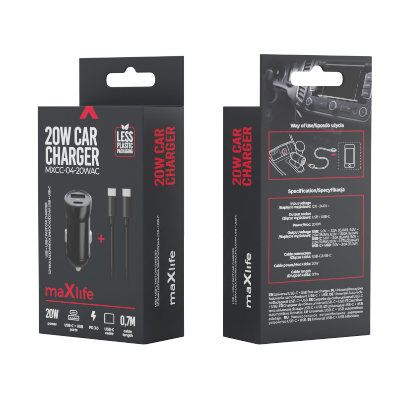 Car Charger with USB-C Cable MaXlife MXCC-04, 20W, 3A, 1 x USB-A - 1 x USB-C, Black