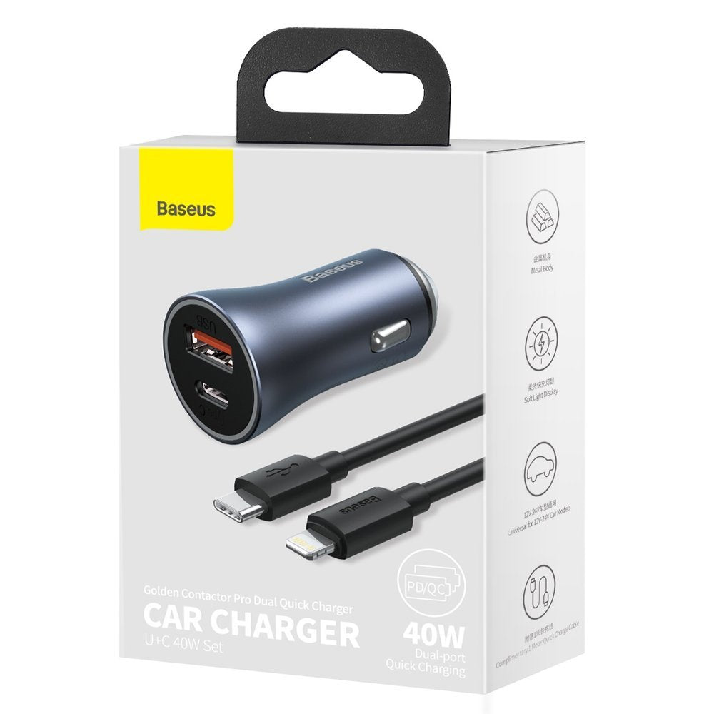 Car Charger with Lightning Cable Baseus Golden Contactor, 40W, 3A, 1 x USB-A - 1 x USB-C, Grey TZCCJJD-B0G