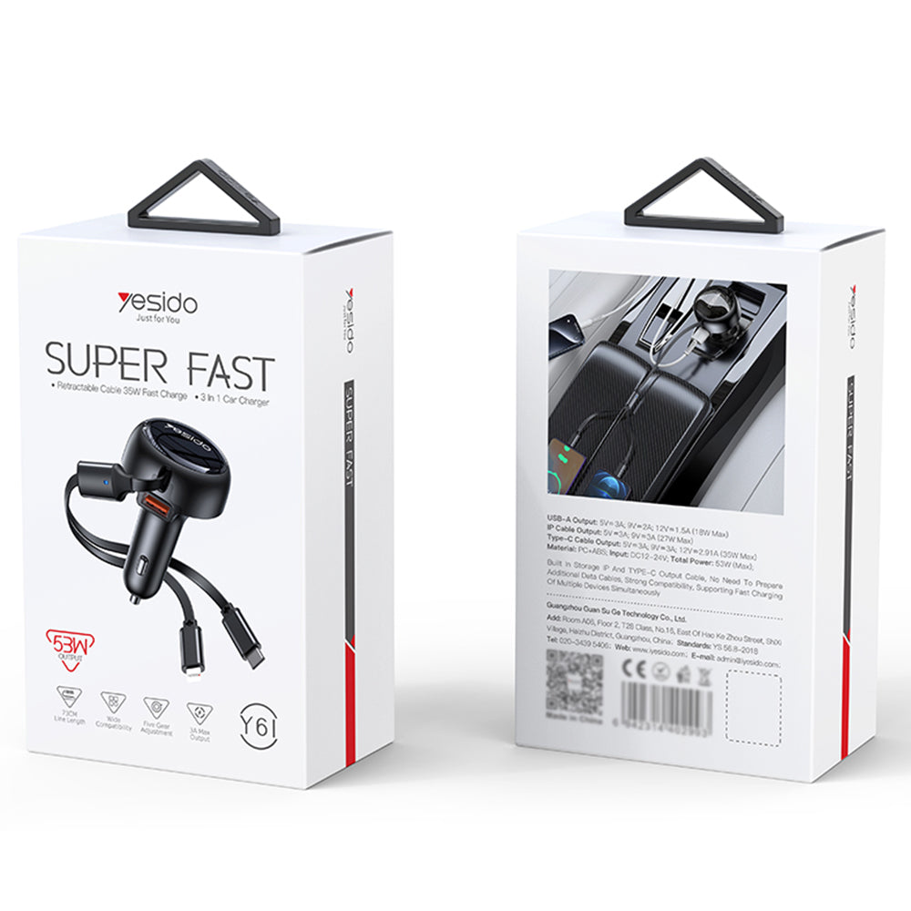 Car Charger with USB-C / Lightning Cable Yesido Y61, 53W, 3A, 1 x USB-A, Black
