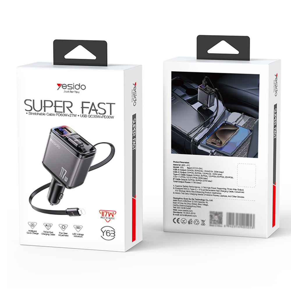 Car Charger with USB-C / Lightning Cable Yesido Y63 Display, 117W, 3A, 1 x USB-A - 1 x USB-C, Gray