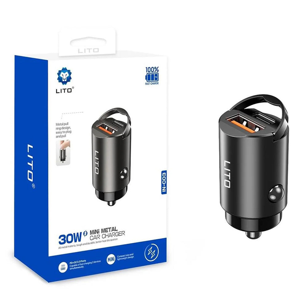 Lito IN-C03 Car Charger, 30W, 3A, 1 x USB-A - 1 x USB-C, Black