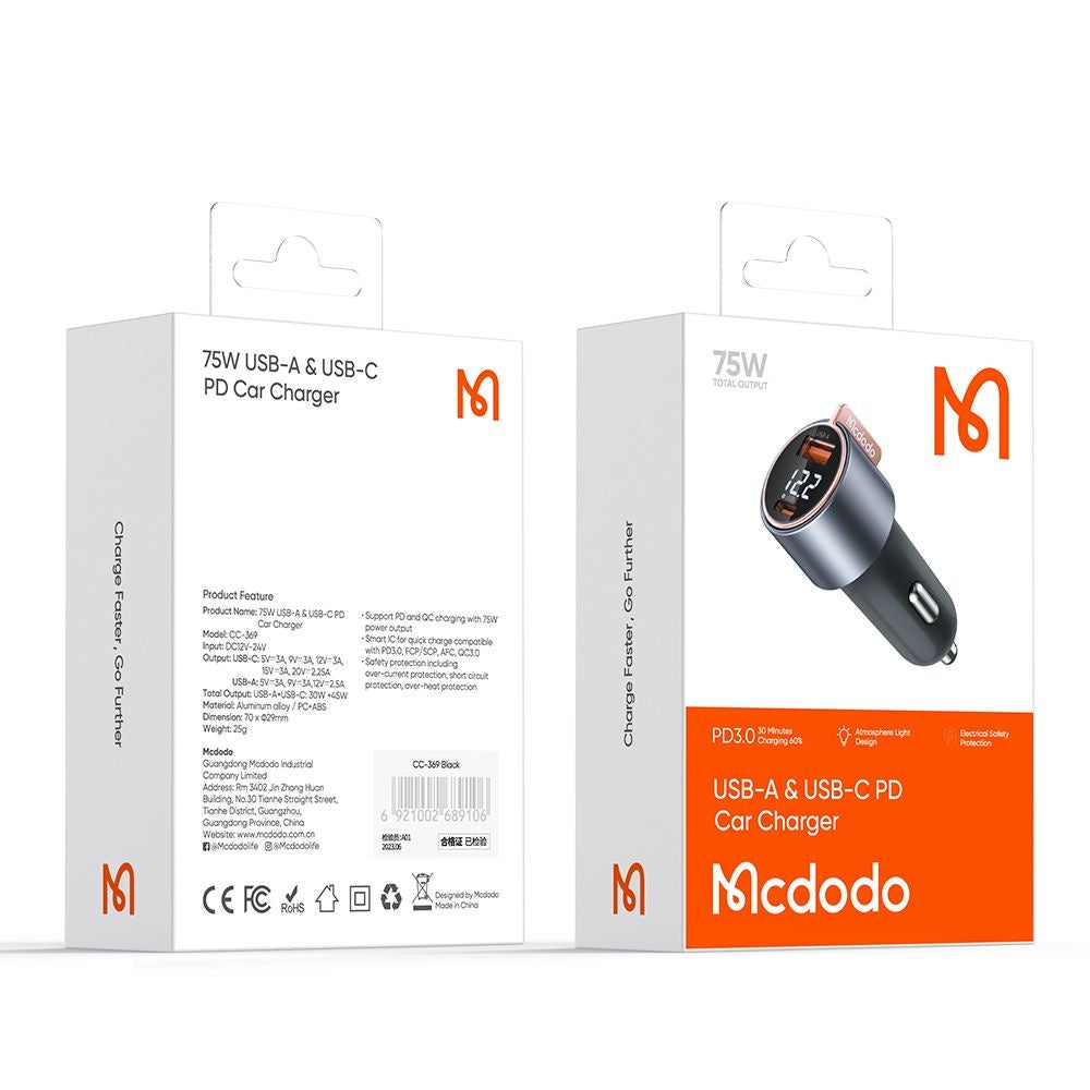 McDodo CC-3690 Venus Display Car Charger, 75W, 3A, 1 x USB-A - 1 x USB-C, Black