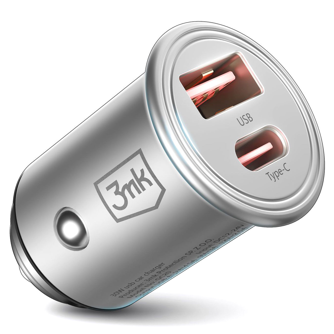 Car Charger 3MK HyperCharger, 30W, 5A, 1 x USB-A - 1 x USB-C, Silver