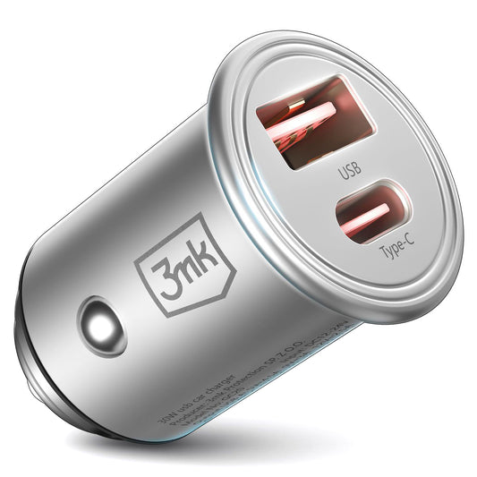 Car Charger 3MK HyperCharger, 30W, 5A, 1 x USB-A - 1 x USB-C, Silver