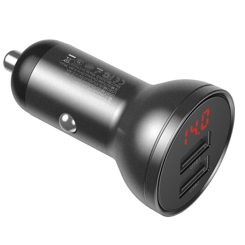 Baseus Digital Display Car Charger, 24W, 2.4A, 2 x USB-A, Grey CCBX-0G