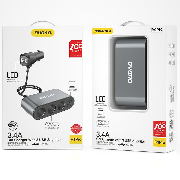 Dudao R1 Pro Lighter Extension, 3 Outputs, 2 x USB-A, Display
