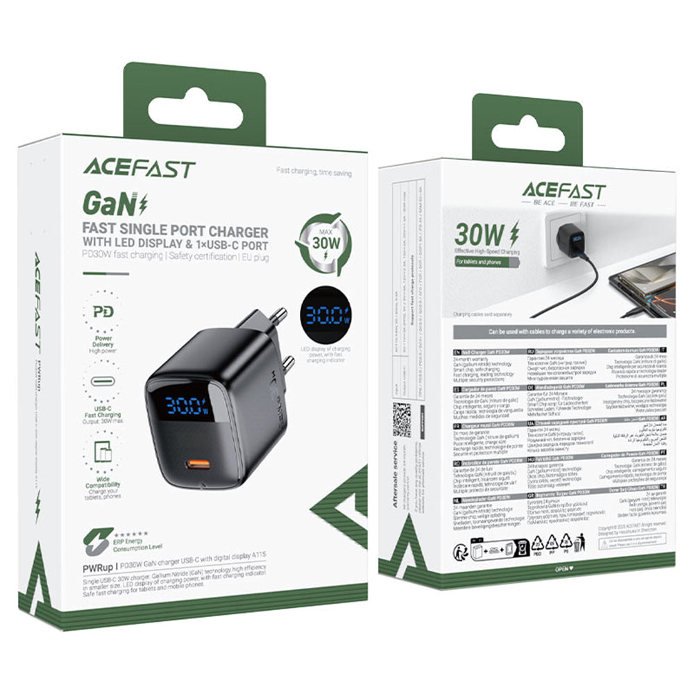Acefast A115 Display Network Charger, 30W, 3A, 1 x USB-C, Black