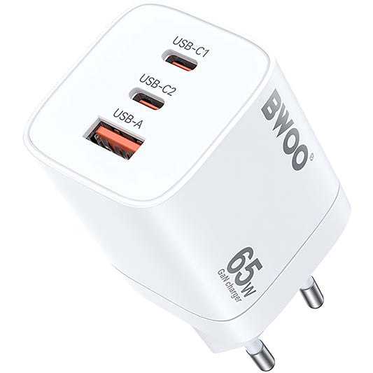 BWOO CDA147 Network Charger, 65W, 4.5A, 1 x USB-A - 2 x USB-C, White
