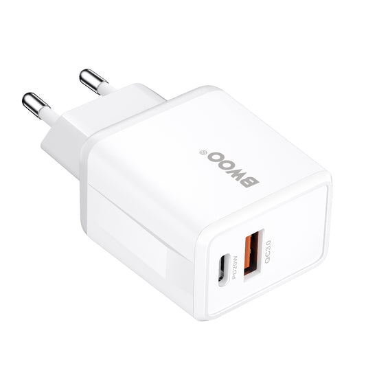 BWOO CDA182 Network Charger, 38W, 3A, 1 x USB-A - 1 x USB-C, White