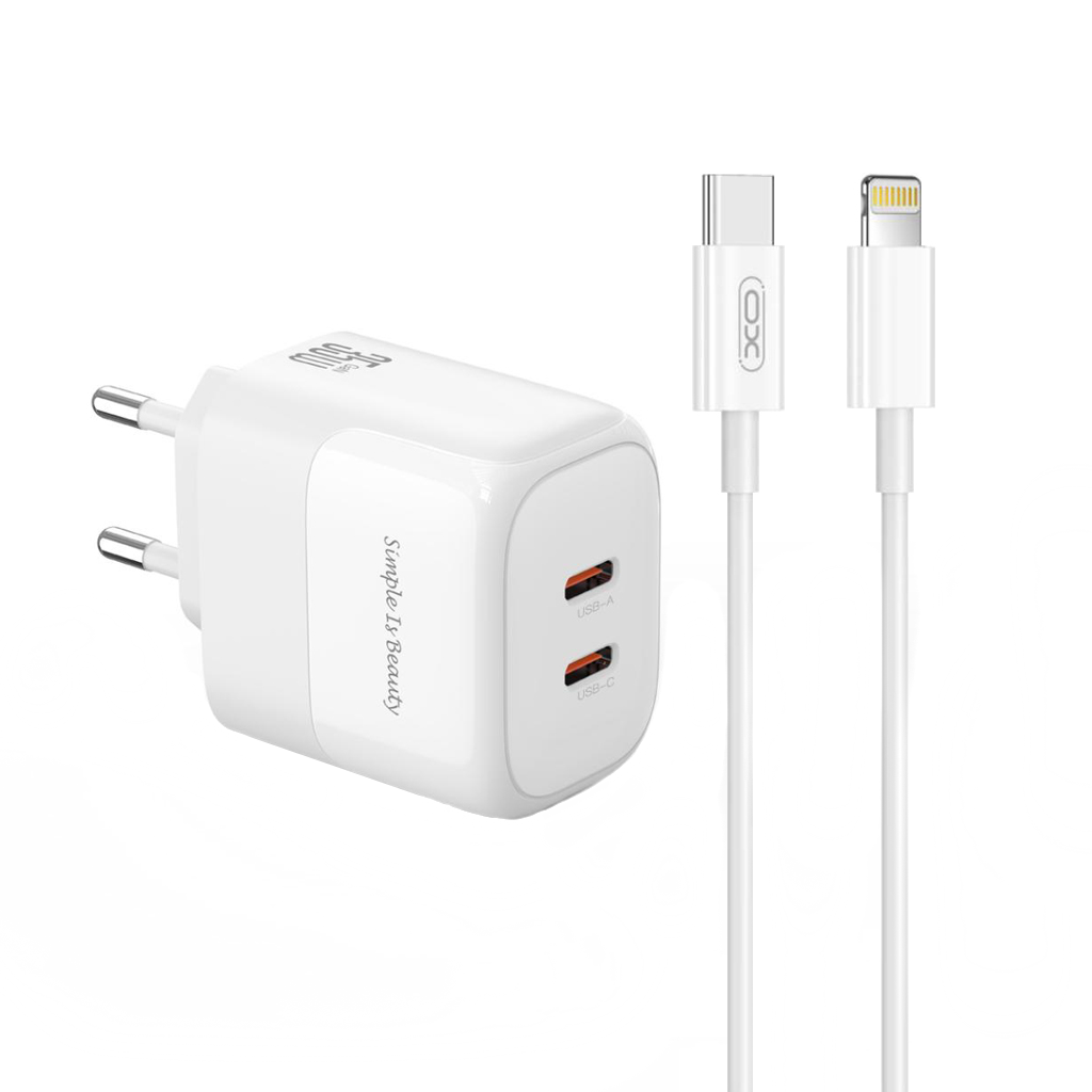 Network Charger with Lightning Cable XO Design L140, 35W, 3A, 2 x USB-C, White