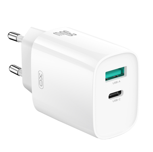 Network Charger with Lightning Cable XO Design CE30, 30W, 3A, 1 x USB-A - 1 x USB-C, White