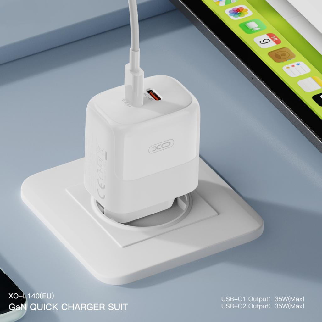 Network Charger with Lightning Cable XO Design L140, 35W, 3A, 2 x USB-C, White