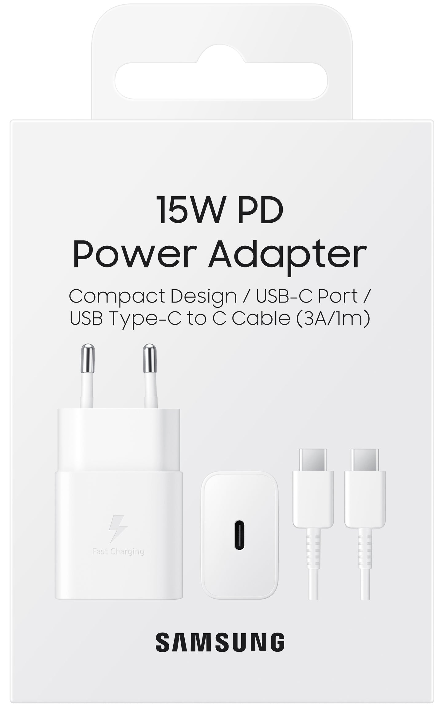Samsung Network Charger with USB-C Cable, 15W, 2A, 1 x USB-C, White EP-T1510XWEGEU