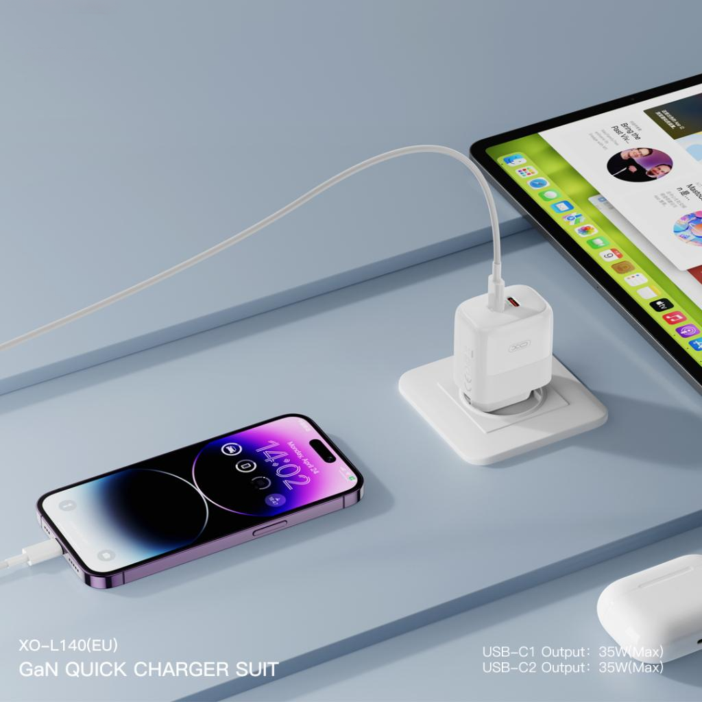 Network Charger with Lightning Cable XO Design L140, 35W, 3A, 2 x USB-C, White