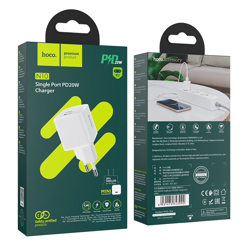 Network Charger HOCO N10, 20W, 3A, 1 x USB-C, White