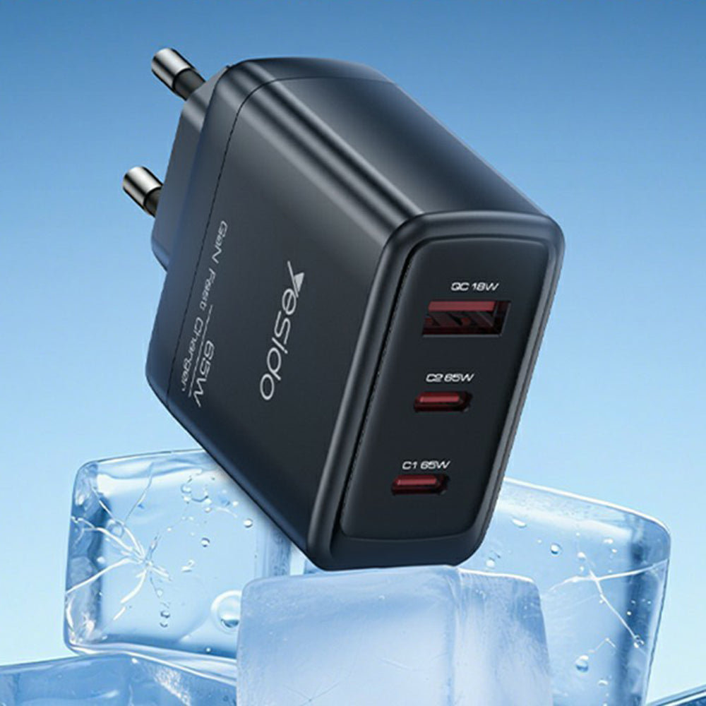 Yesido YC144 Network Charger, 65W, 3.25A, 1 x USB-A - 2 x USB-C, Black