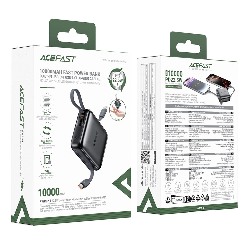 Acefast M23 External Battery, 10000mAh, 22.5W, QC + PD, 1 x Lightning - 2 x USB-C, Gray
