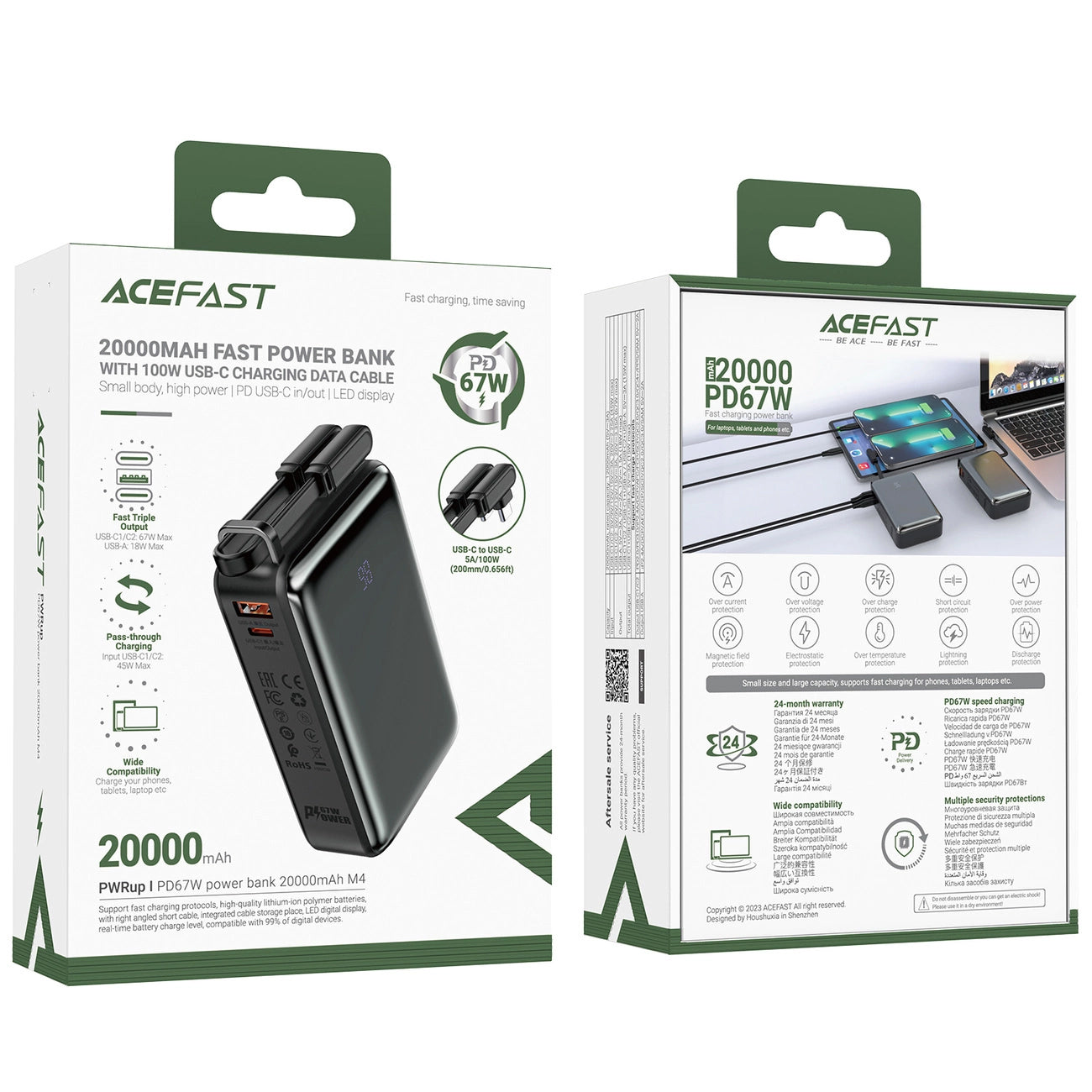External Battery Acefast M4, 20000mAh, 67W, PD, 1 x USB-A - 2 x USB-C, Black