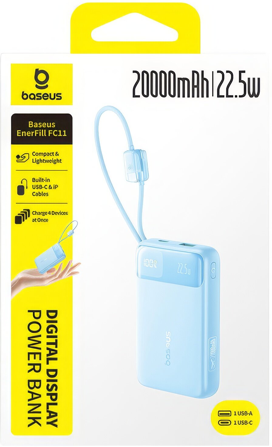 Baseus EnerFill FC11 External Battery, 20000mAh, 22.5W, QC + PD, 1 x Lightning - 1 x USB-A - 2 x USB-C, Blue E0027S06
