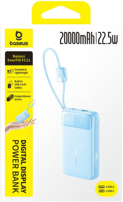 Baseus EnerFill FC11 External Battery, 20000mAh, 22.5W, QC + PD, 1 x Lightning - 1 x USB-A - 2 x USB-C, Blue E0027S06