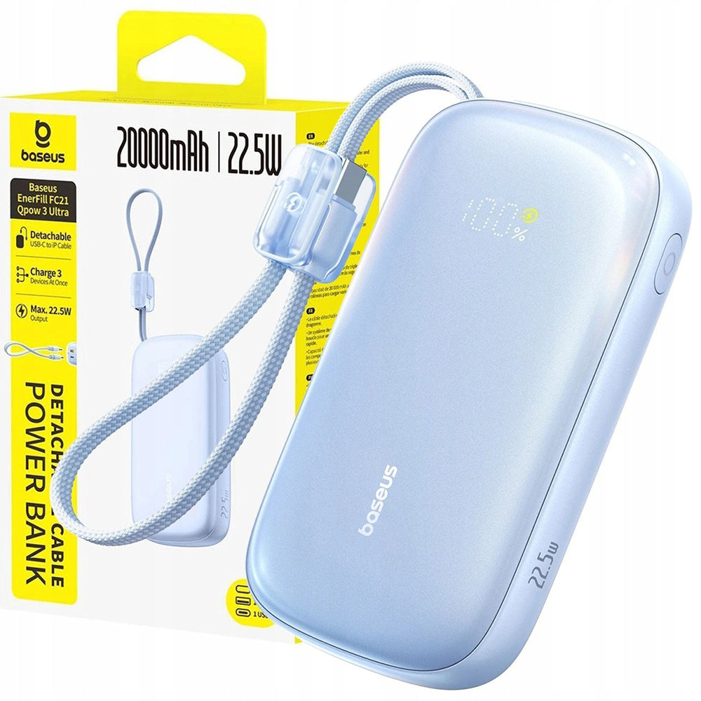 Baseus EnerFill FC21 Qpow 3 Ultra External Battery, 20000mAh, 22.5W, QC + PD, 1 x USB-A - 1 x USB-C, Blue E0027M03