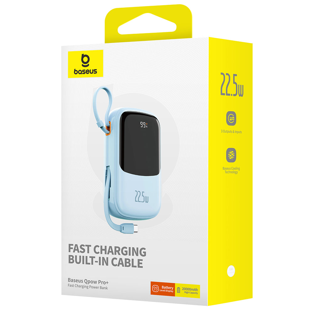 Baseus Qpow Pro+ External Battery, 20000mAh, 22.5W, QC + PD, 1 x USB-A - 2 x USB-C, Blue P10067103313-00