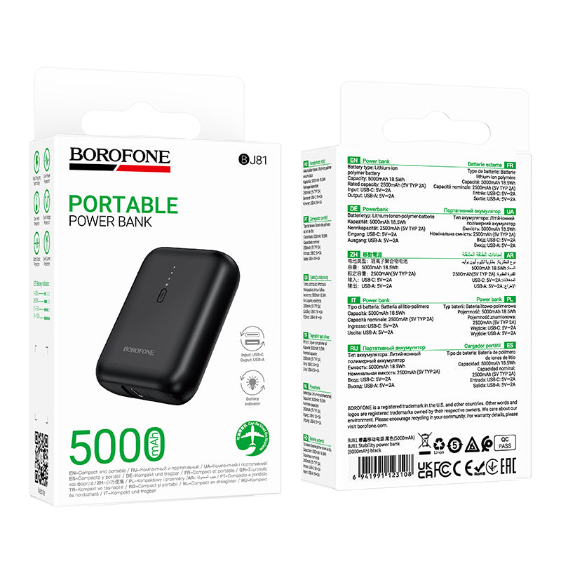 Borofone BJ81 Stability External Battery, 5000mAh, 10W, 1 x USB-A, Black