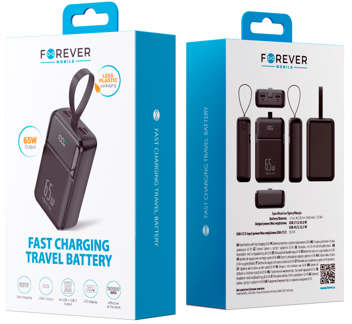 Forever TB-400 External Battery, 20000mAh, 65W, QC + PD, 2 x USB-A - 2 x USB-C, Black