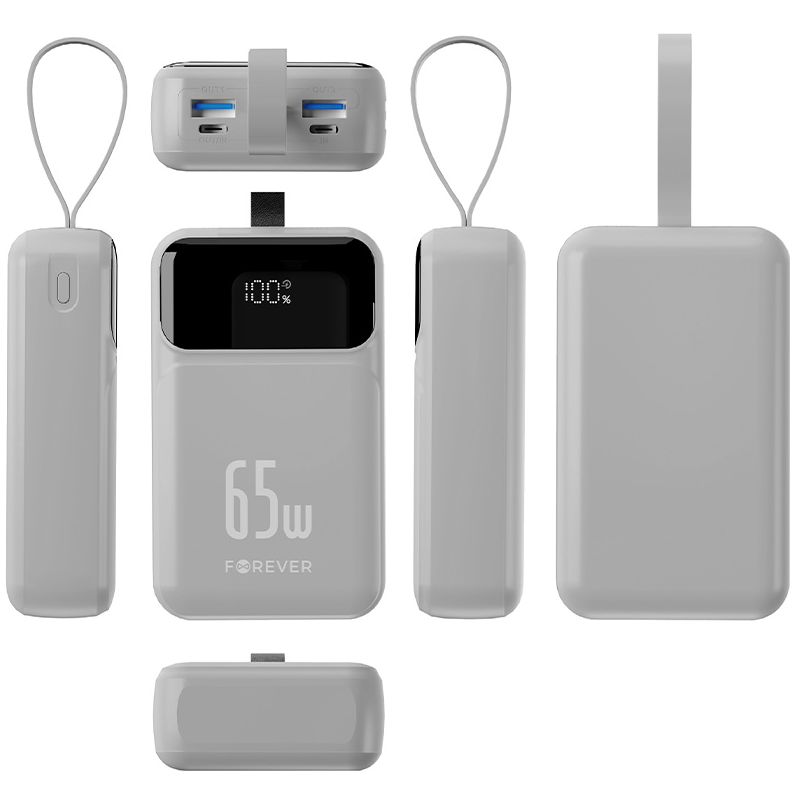 Forever Vibe-TB65 External Battery, 20000mAh, 65W, QC + PD, 2 x USB-A - 2 x USB-C, Gray