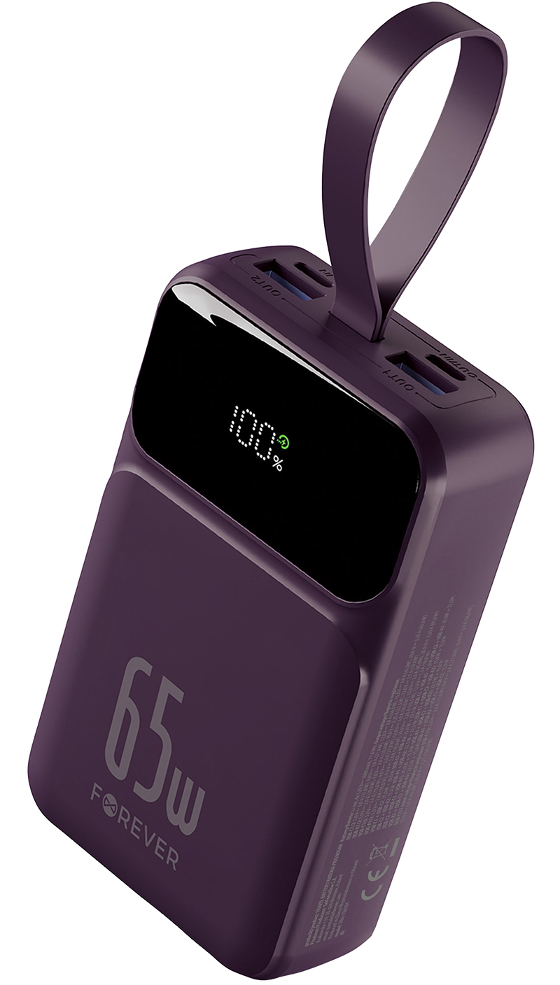 Forever Vibe-TB65 External Battery, 20000mAh, 65W, QC + PD, 2 x USB-A - 2 x USB-C, Burgundy