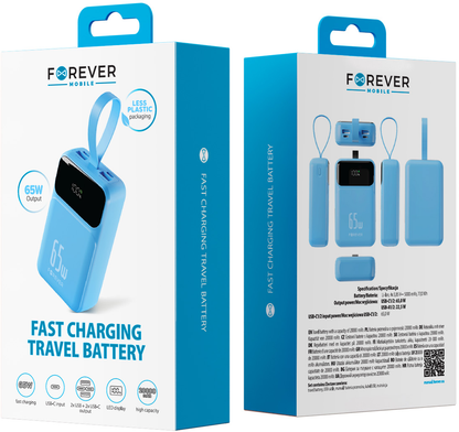Forever Vibe-TB65 External Battery, 20000mAh, 65W, QC + PD, 2 x USB-A - 2 x USB-C, Blue