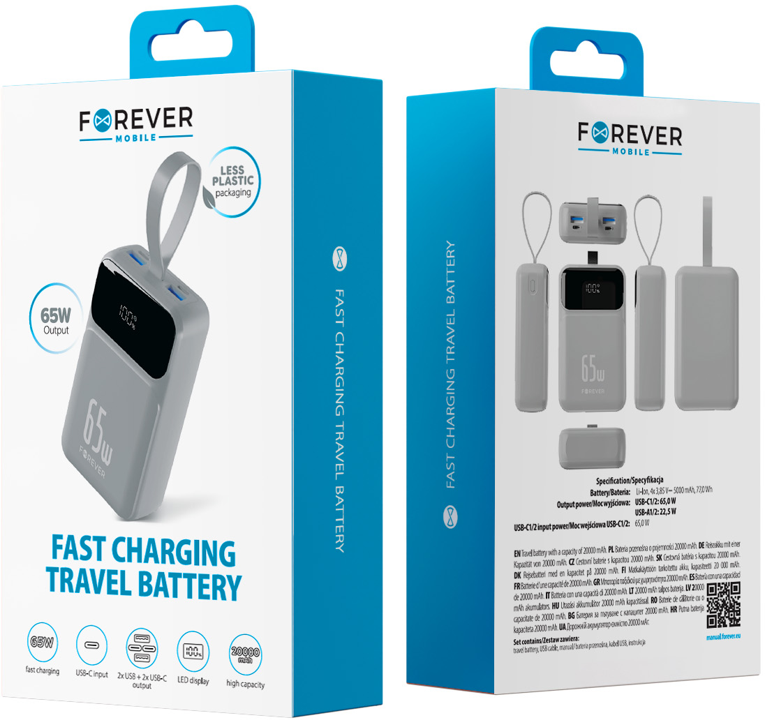 Forever Vibe-TB65 External Battery, 20000mAh, 65W, QC + PD, 2 x USB-A - 2 x USB-C, Gray