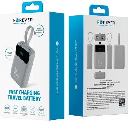 Forever Vibe-TB65 External Battery, 20000mAh, 65W, QC + PD, 2 x USB-A - 2 x USB-C, Gray