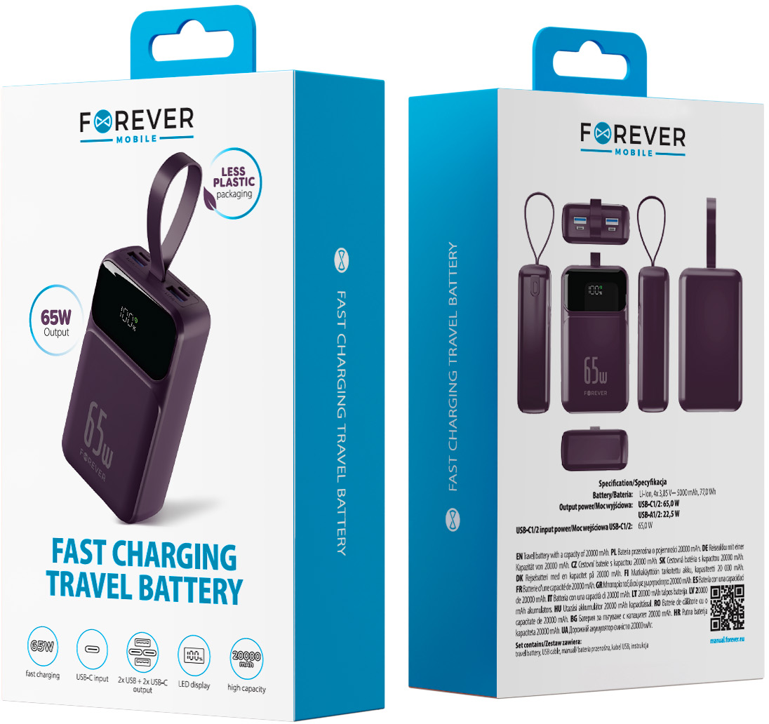 Forever Vibe-TB65 External Battery, 20000mAh, 65W, QC + PD, 2 x USB-A - 2 x USB-C, Burgundy
