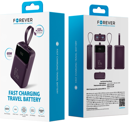 Forever Vibe-TB65 External Battery, 20000mAh, 65W, QC + PD, 2 x USB-A - 2 x USB-C, Burgundy