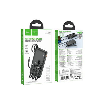 HOCO J146 External Battery, 10000mAh, 10W, 1 x Lightning - 1 x microUSB - 1 x USB-A - 1 x USB-C, Black
