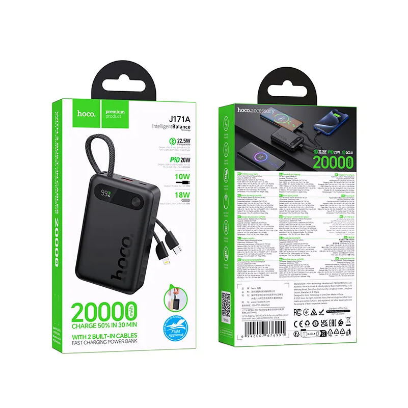 HOCO J171A External Battery, 20000mAh, 22.5W, QC + PD, 1 x Lightning - 1 x USB-A - 2 x USB-C, Black
