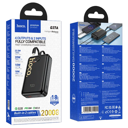 HOCO Q37A External Battery, 20000mAh, 22.5W, QC + PD, 1 x Lightning - 1 x USB-A - 2 x USB-C, Black